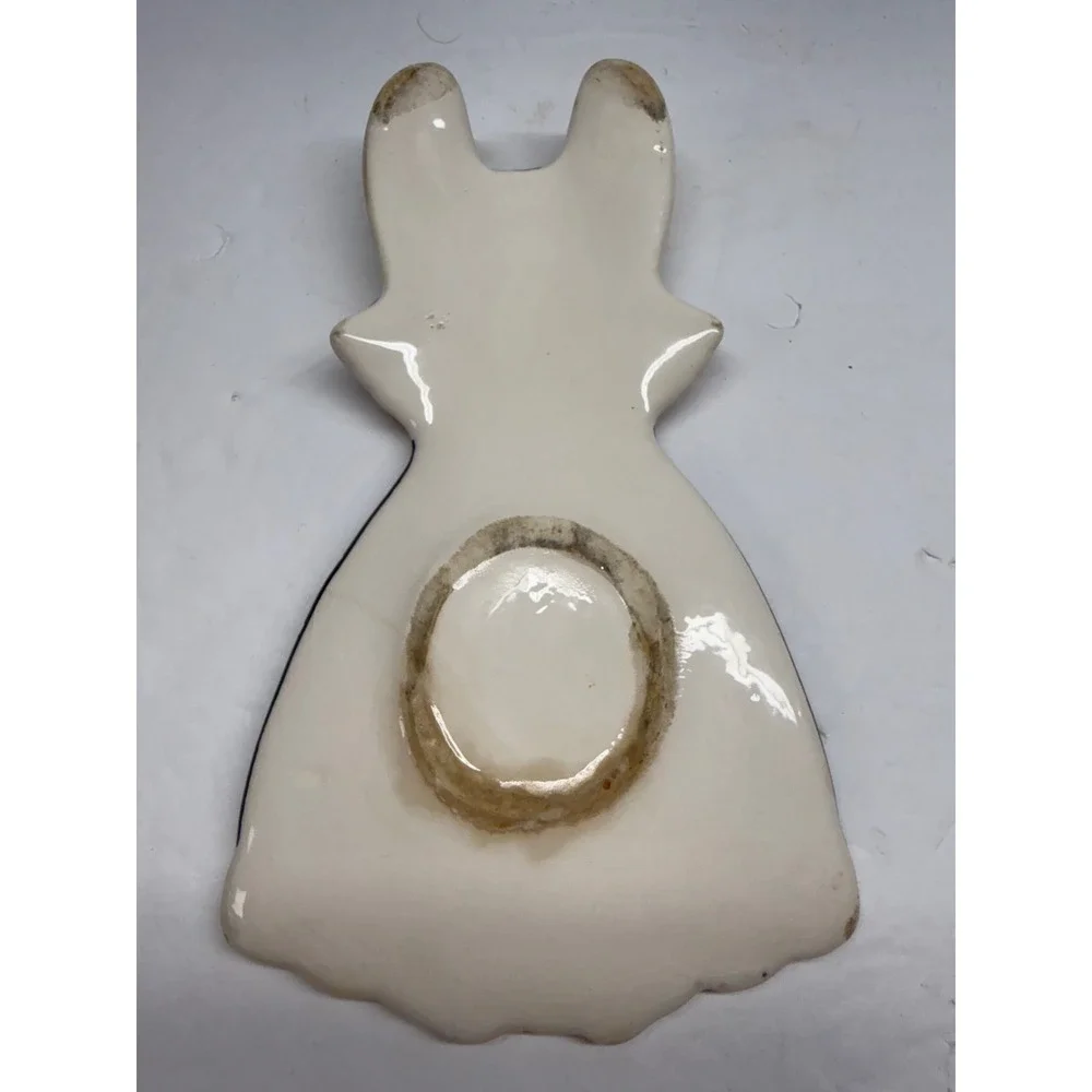 Vintage Hand Painted Ceramic Angel Spoon Rest Folk Art Trinket Dish Black Cream
